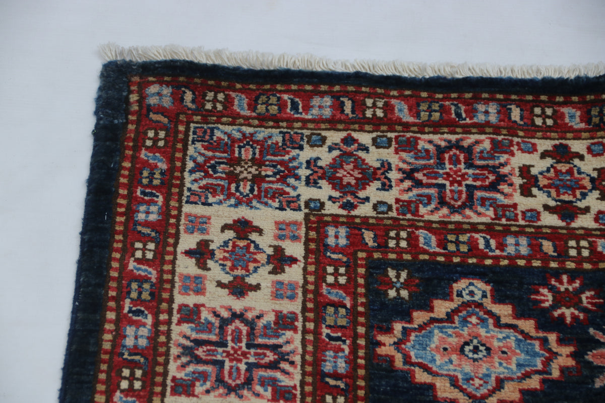 3.5x3.5 Handmade Super Kazak Blue Rug | Vegetable Dyed Geometric Wool & Cotton Square Area Rug
