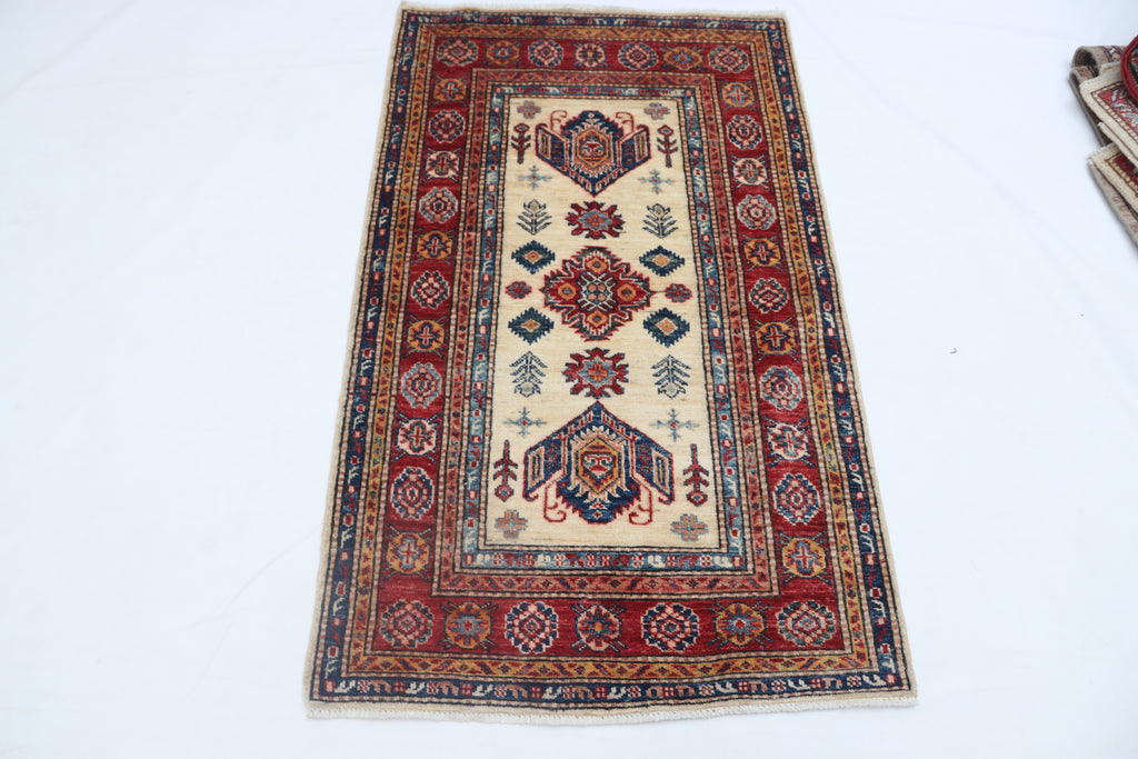 2.5x4 Beige Super Kazak Geometric Area Rug | Handmade Wool & Cotton Rug