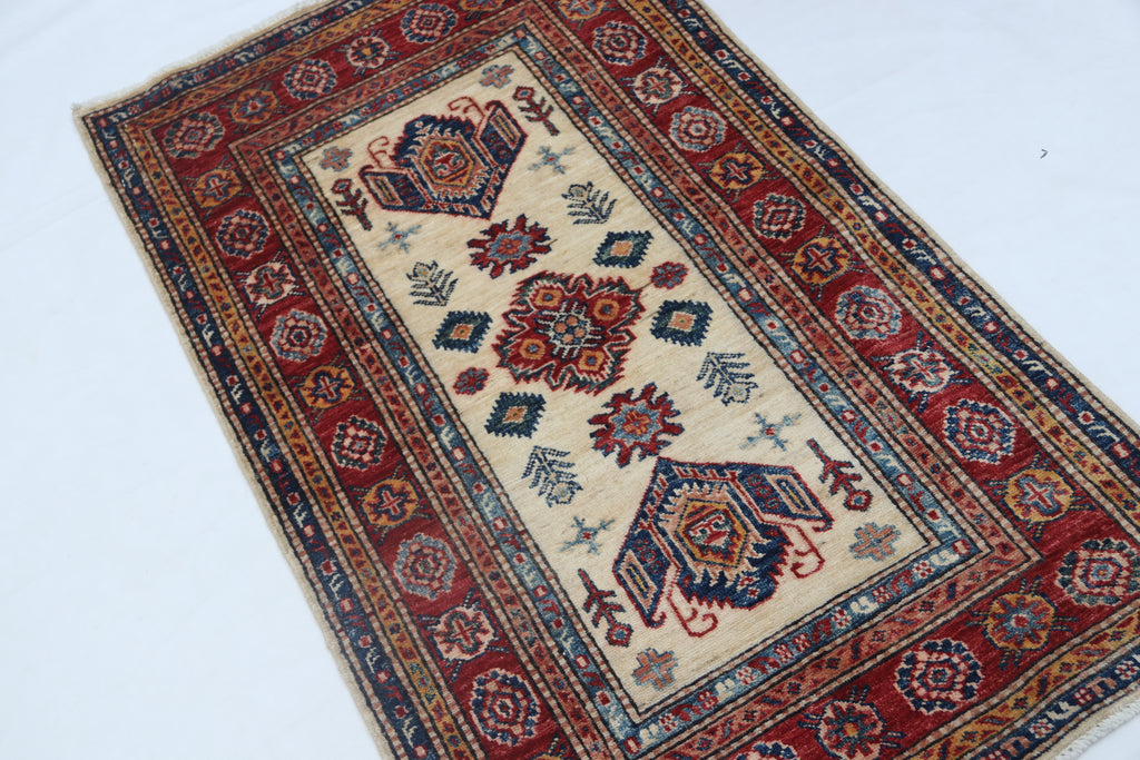 2.5x4 Beige Super Kazak Geometric Area Rug | Handmade Wool & Cotton Rug