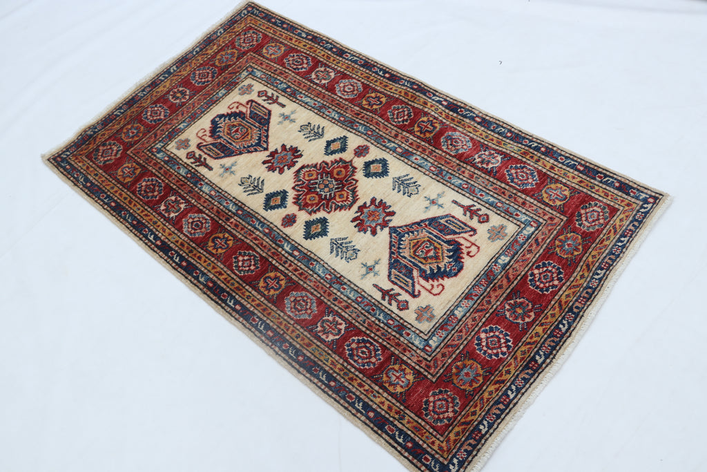 2.5x4 Beige Super Kazak Geometric Area Rug | Handmade Wool & Cotton Rug