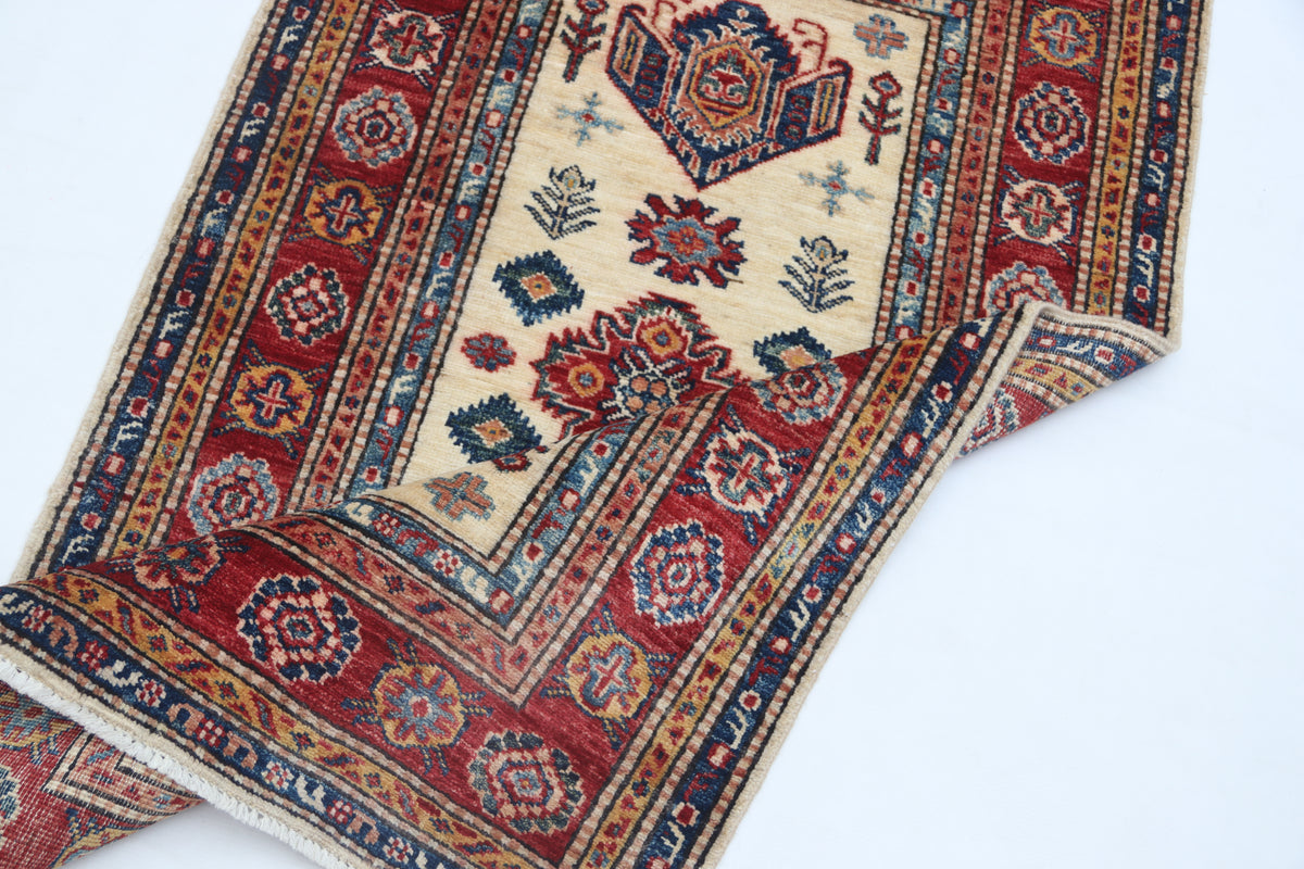 2.5x4 Beige Super Kazak Geometric Area Rug | Handmade Wool & Cotton Rug