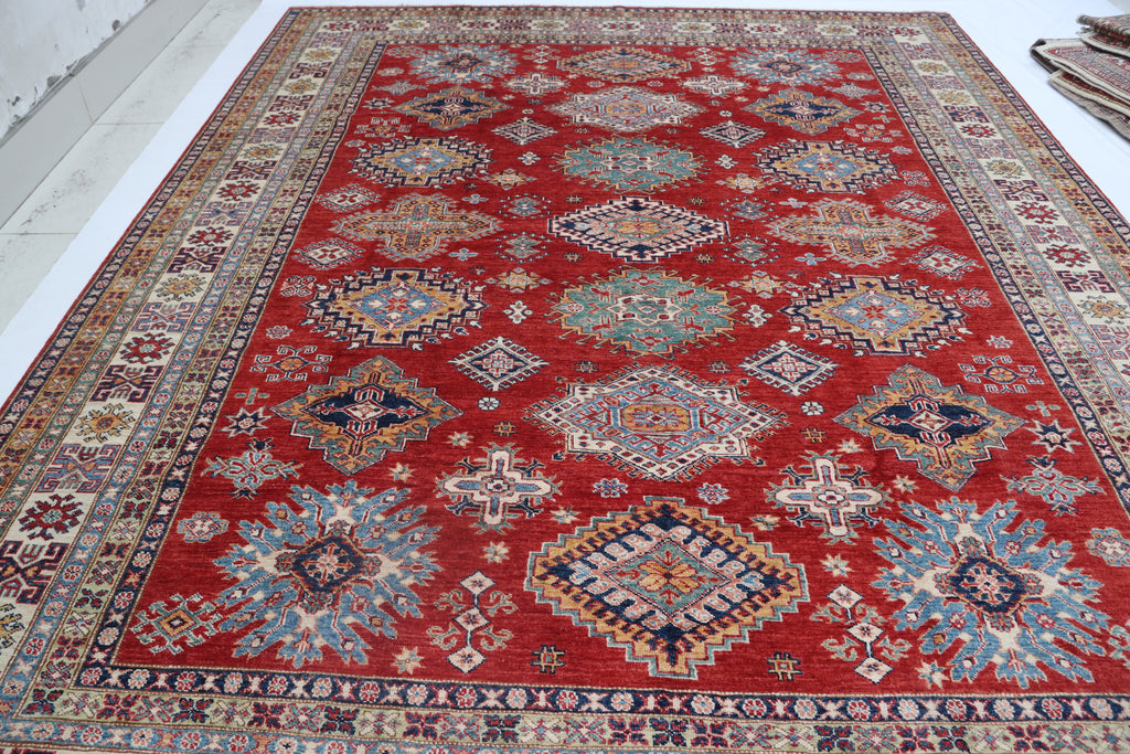 8x10 Red Super Kazak Geometric Area Rug | Handmade Wool & Cotton Rug