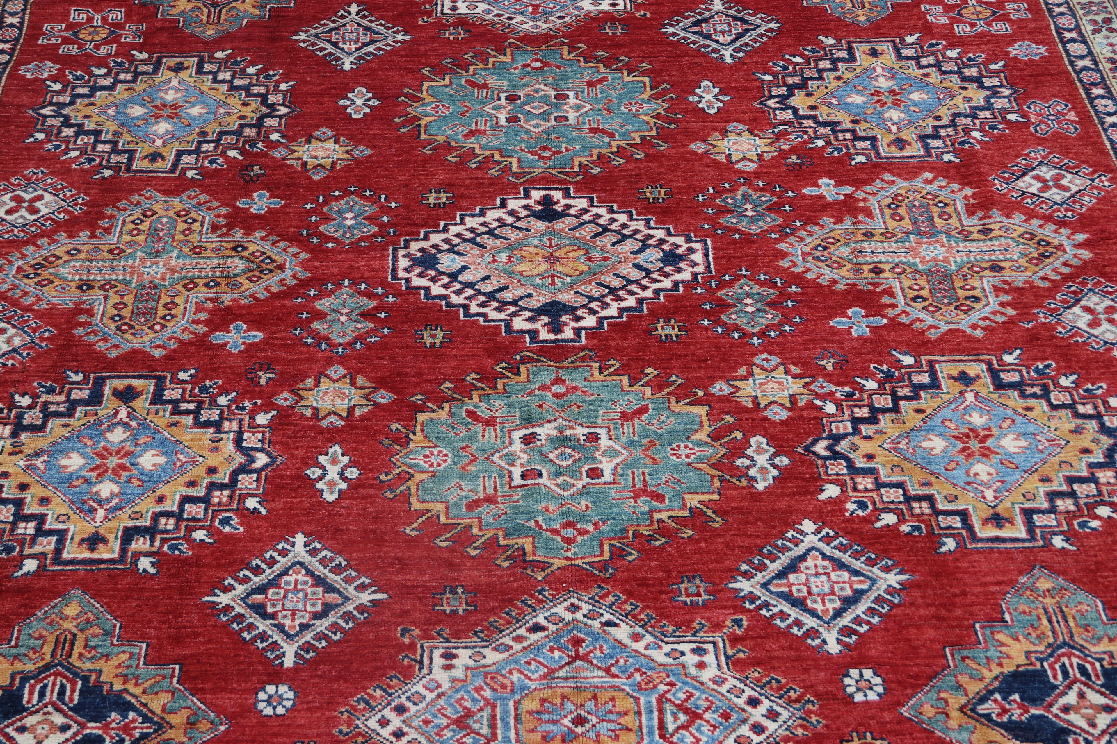 8x10 Red Super Kazak Geometric Area Rug | Handmade Wool & Cotton Rug