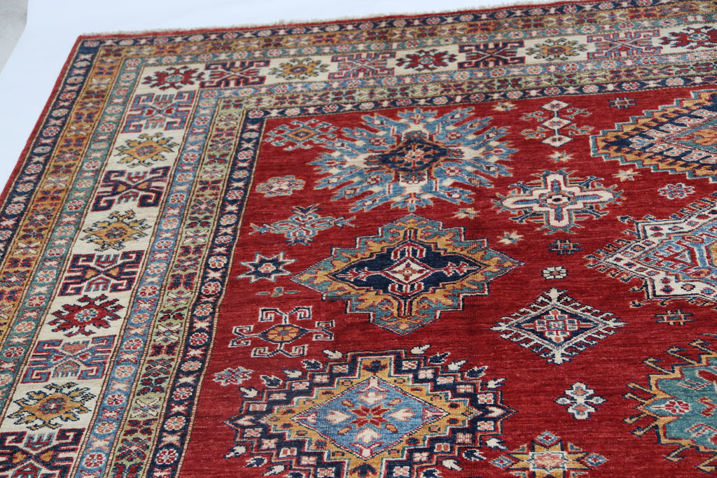 8x10 Red Super Kazak Geometric Area Rug | Handmade Wool & Cotton Rug