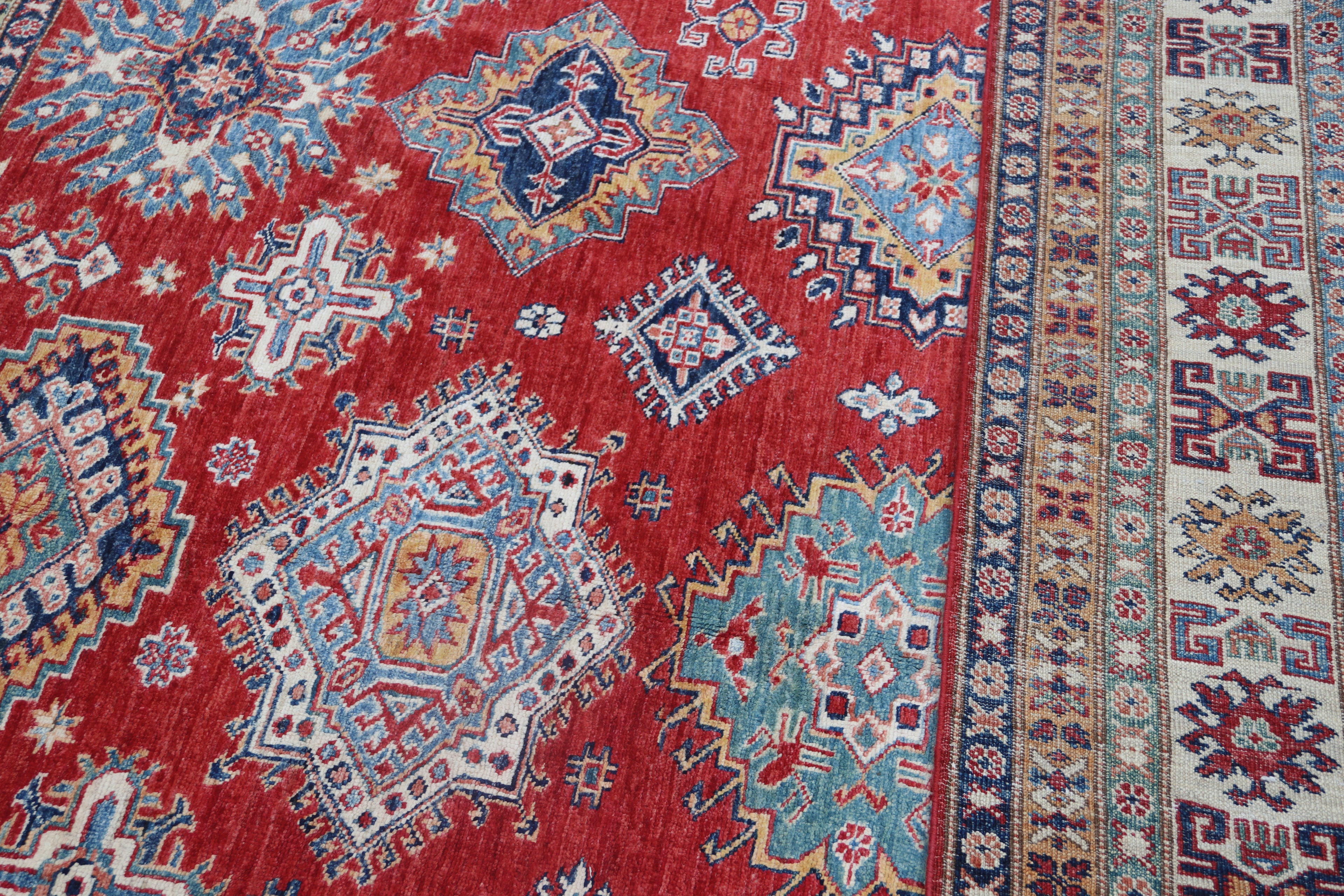 8x10 Red Super Kazak Geometric Area Rug | Handmade Wool & Cotton Rug