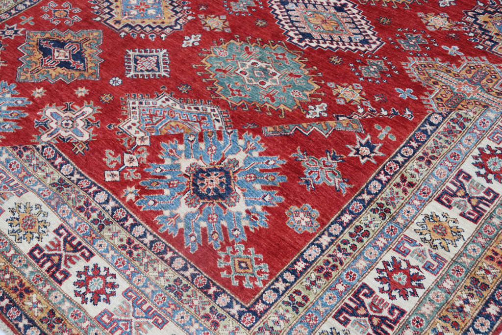 8x10 Red Super Kazak Geometric Area Rug | Handmade Wool & Cotton Rug