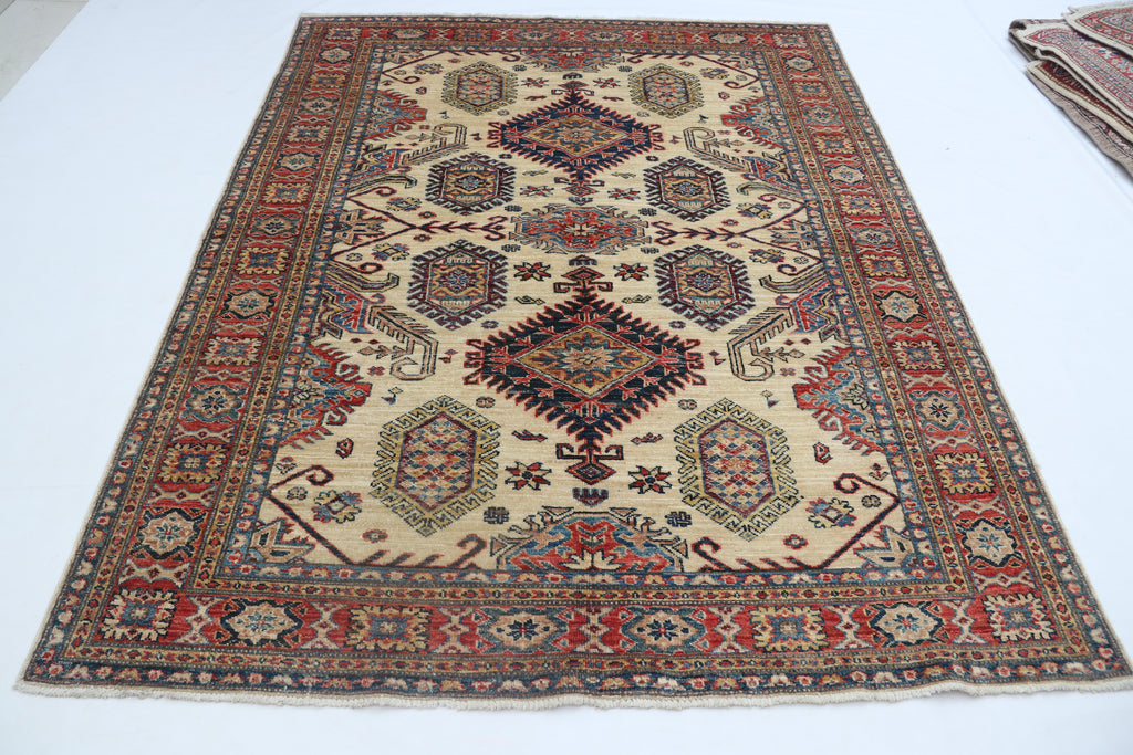 5x7 Beige Super Kazak Geometrical Handmade Cotton & Wool Rug | Premium Luxury Area Rug