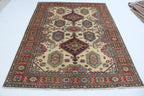 5x7 Beige Super Kazak Geometrical Handmade Cotton & Wool Rug | Premium Luxury Area Rug