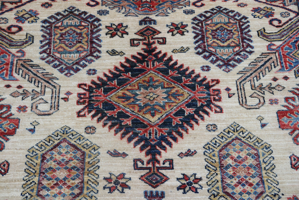 5x7 Beige Super Kazak Geometrical Handmade Cotton & Wool Rug | Premium Luxury Area Rug