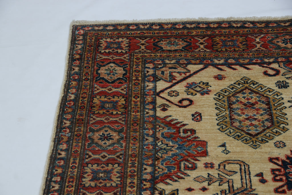 5x7 Beige Super Kazak Geometrical Handmade Cotton & Wool Rug | Premium Luxury Area Rug