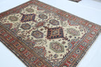 5x7 Beige Super Kazak Geometrical Handmade Cotton & Wool Rug | Premium Luxury Area Rug
