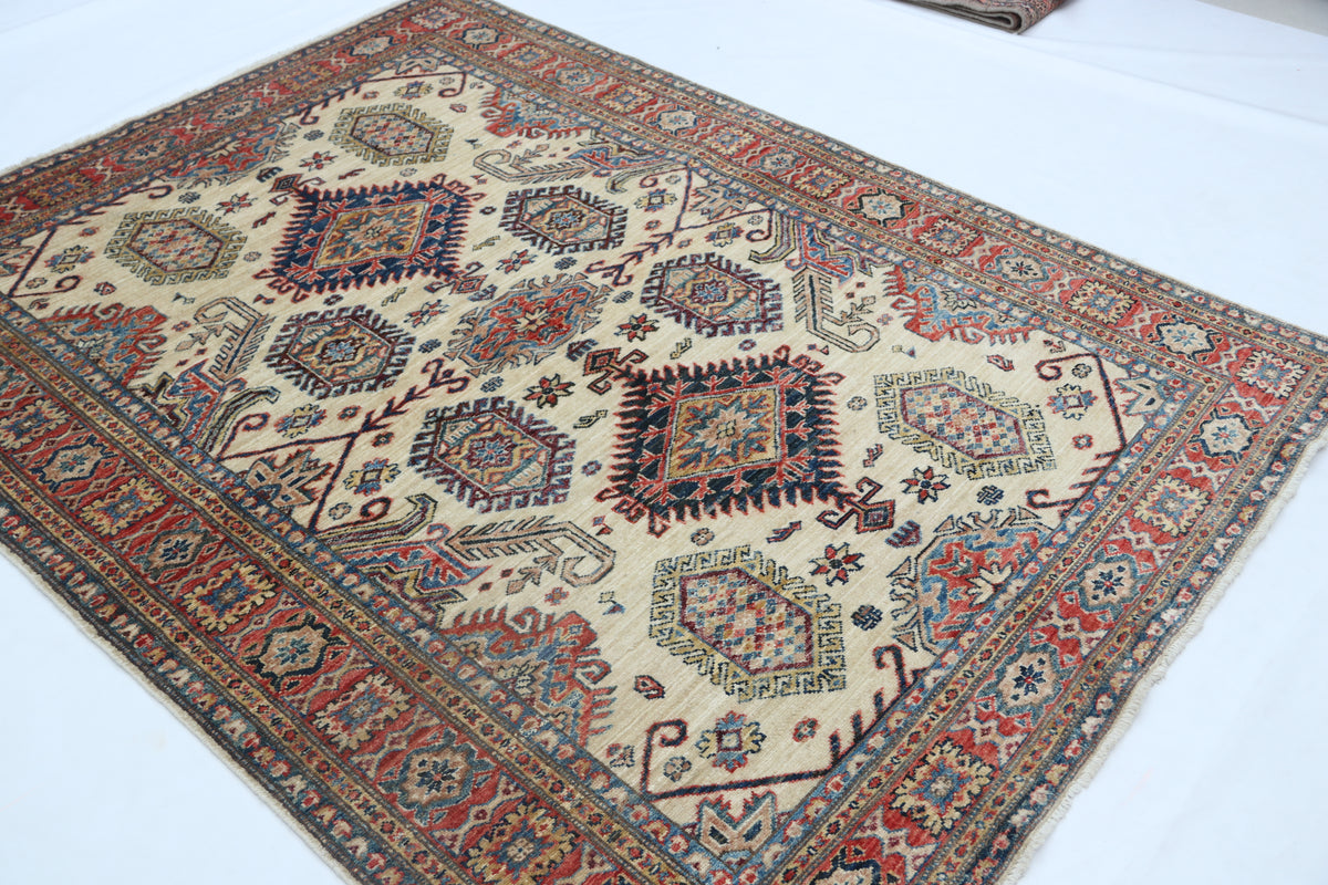5x7 Beige Super Kazak Geometrical Handmade Cotton & Wool Rug | Premium Luxury Area Rug