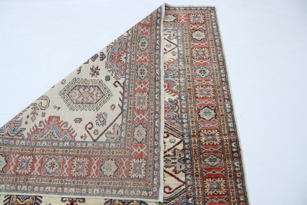 5x7 Beige Super Kazak Geometrical Handmade Cotton & Wool Rug | Premium Luxury Area Rug