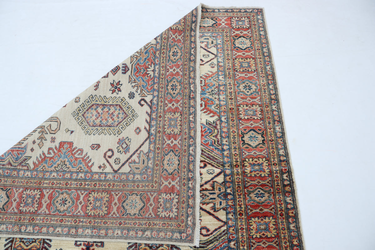 5x7 Beige Super Kazak Geometrical Handmade Cotton & Wool Rug | Premium Luxury Area Rug
