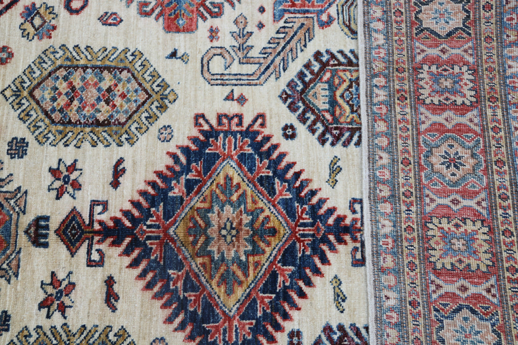 5x7 Beige Super Kazak Geometrical Handmade Cotton & Wool Rug | Premium Luxury Area Rug