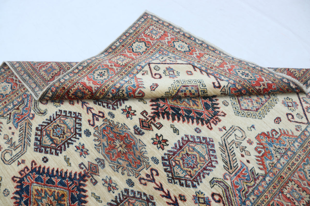 5x7 Beige Super Kazak Geometrical Handmade Cotton & Wool Rug | Premium Luxury Area Rug