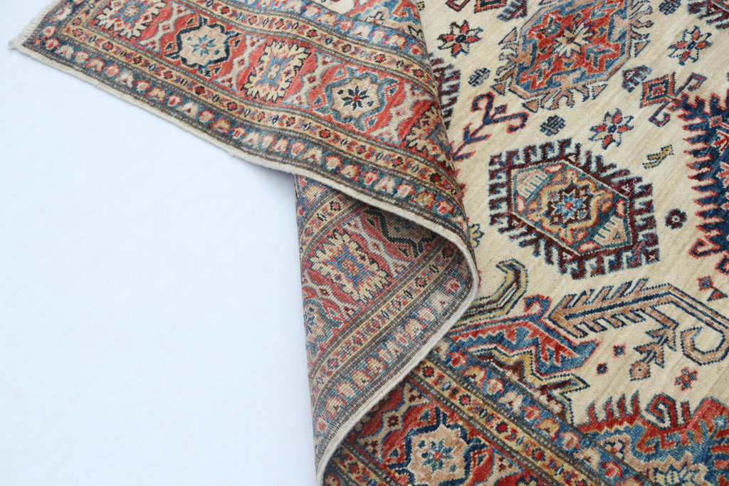5x7 Beige Super Kazak Geometrical Handmade Cotton & Wool Rug | Premium Luxury Area Rug