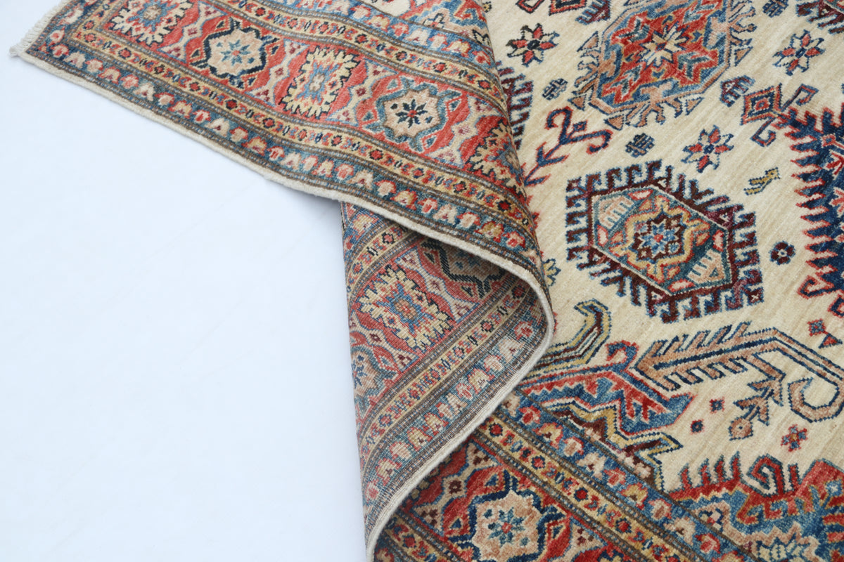 5x7 Beige Super Kazak Geometrical Handmade Cotton & Wool Rug | Premium Luxury Area Rug