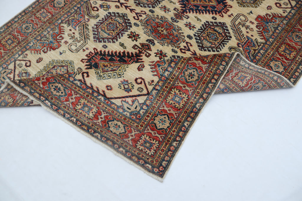 5x7 Beige Super Kazak Geometrical Handmade Cotton & Wool Rug | Premium Luxury Area Rug
