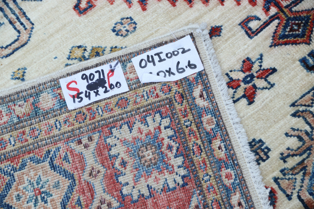 5x7 Beige Super Kazak Geometrical Handmade Cotton & Wool Rug | Premium Luxury Area Rug