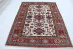 5x7 Beige Super Kazak Geometrical Handmade Cotton & Wool Rug | Premium Luxury Area Rug