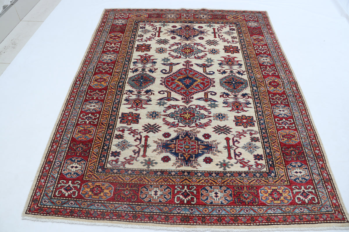 5x7 Beige Super Kazak Geometrical Handmade Cotton & Wool Rug | Premium Luxury Area Rug