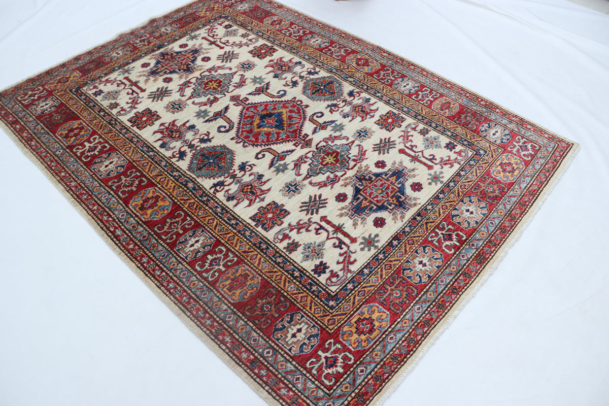 5x7 Beige Super Kazak Geometrical Handmade Cotton & Wool Rug | Premium Luxury Area Rug