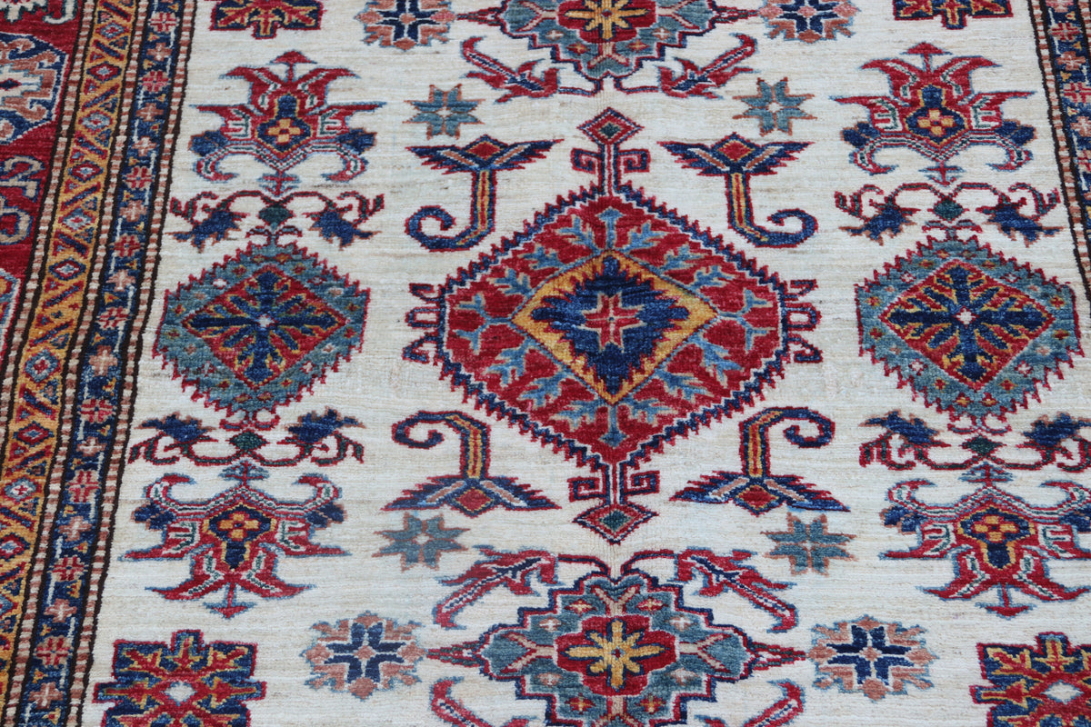 5x7 Beige Super Kazak Geometrical Handmade Cotton & Wool Rug | Premium Luxury Area Rug