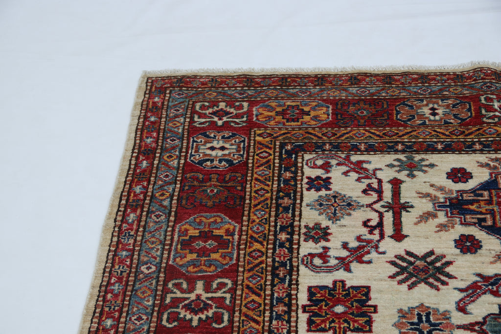 5x7 Beige Super Kazak Geometrical Handmade Cotton & Wool Rug | Premium Luxury Area Rug