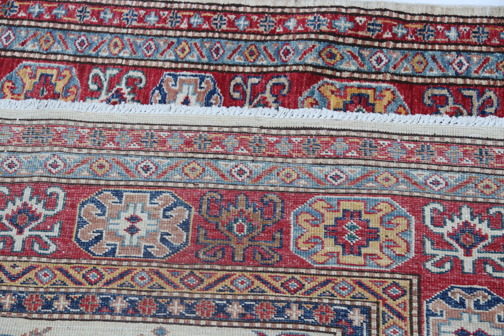 5x7 Beige Super Kazak Geometrical Handmade Cotton & Wool Rug | Premium Luxury Area Rug