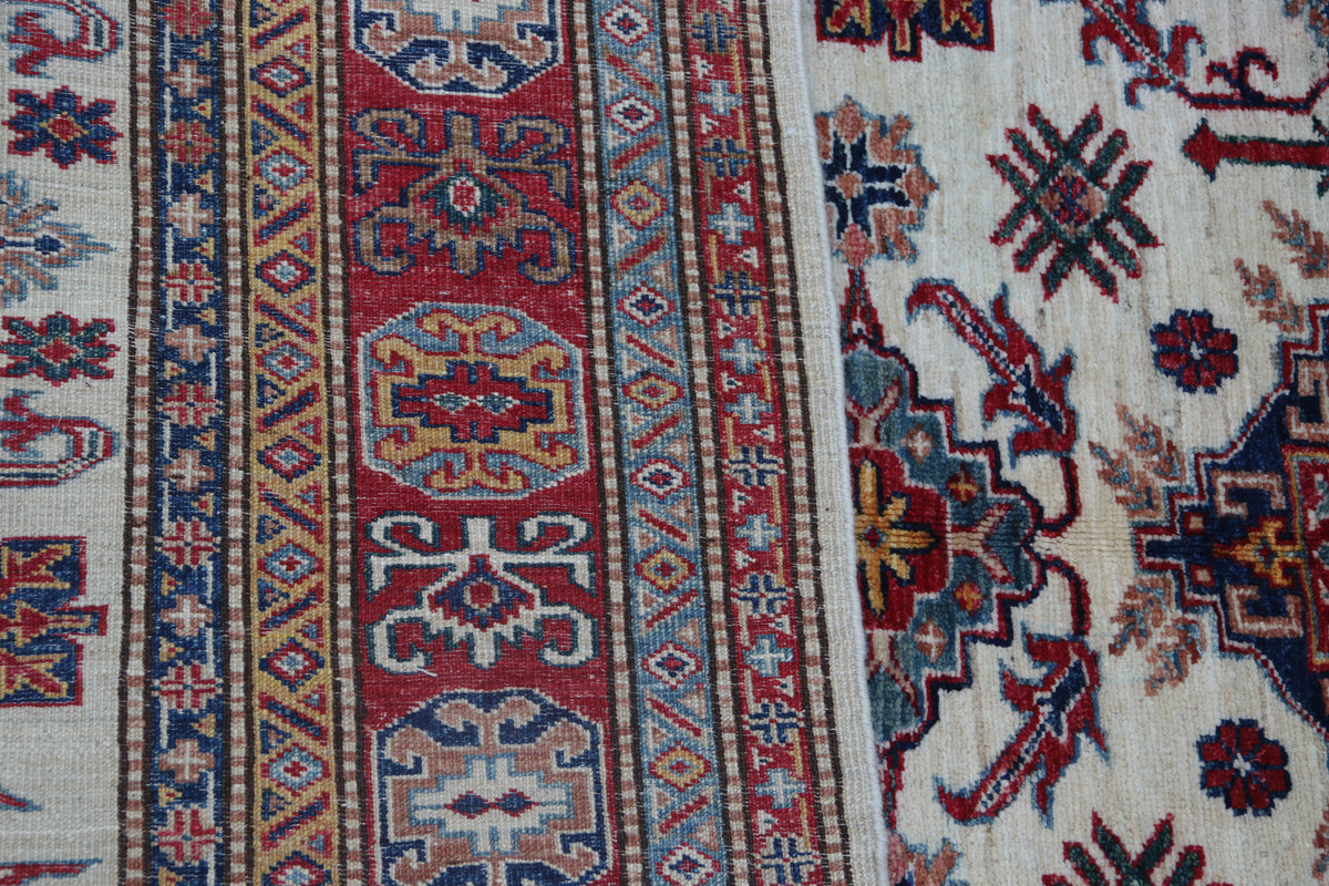 5x7 Beige Super Kazak Geometrical Handmade Cotton & Wool Rug | Premium Luxury Area Rug
