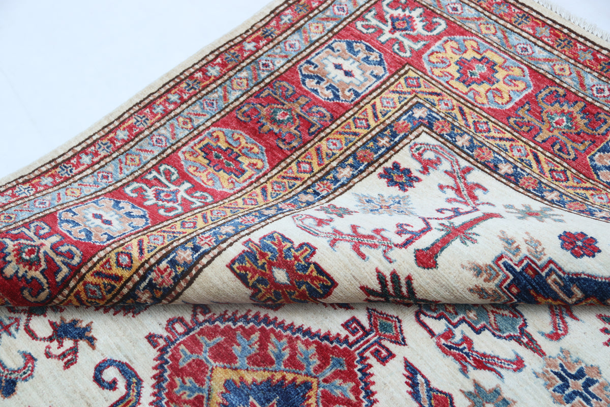 5x7 Beige Super Kazak Geometrical Handmade Cotton & Wool Rug | Premium Luxury Area Rug