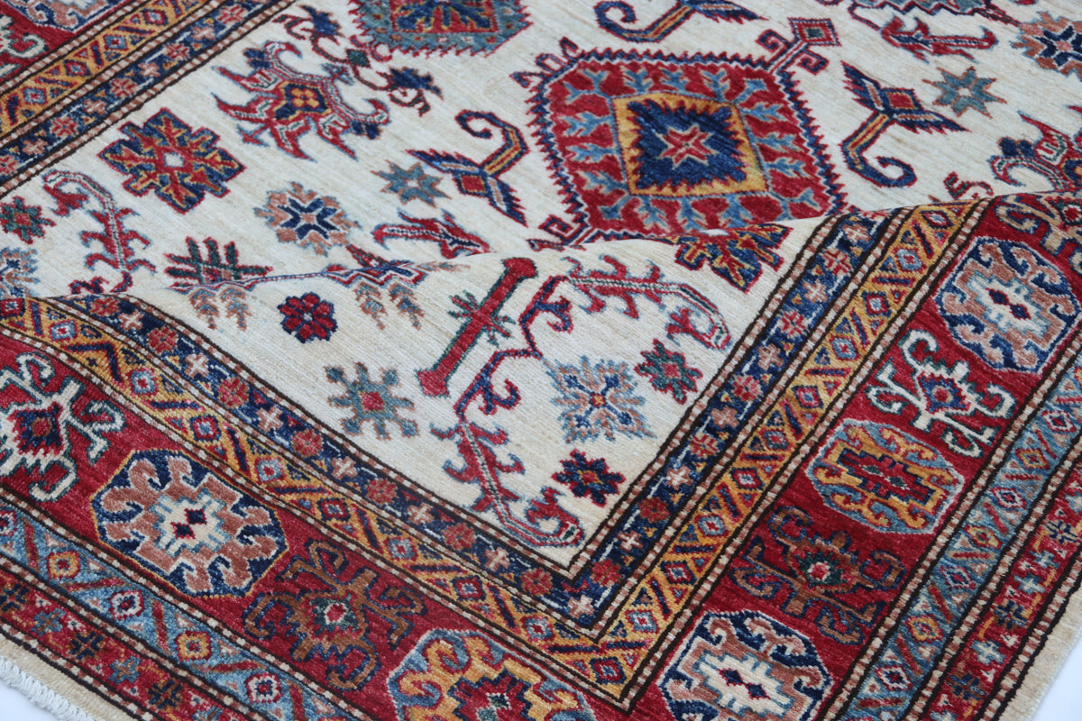 5x7 Beige Super Kazak Geometrical Handmade Cotton & Wool Rug | Premium Luxury Area Rug