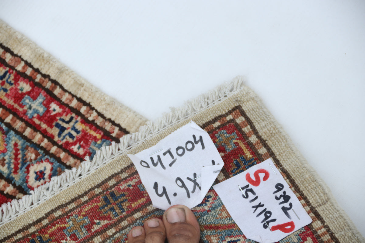 5x7 Beige Super Kazak Geometrical Handmade Cotton & Wool Rug | Premium Luxury Area Rug
