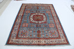 5x7 Blue Super Kazak Geometric Area Rug | Handmade Wool & Cotton Rug