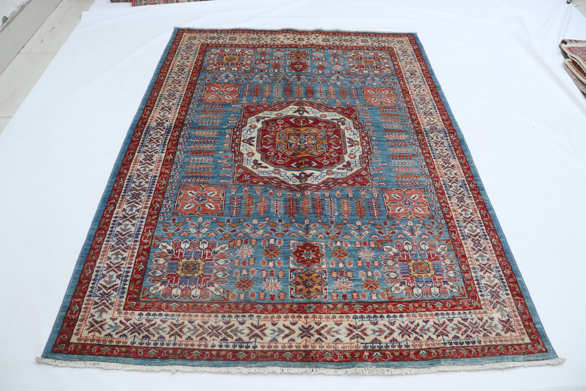 5x7 Blue Super Kazak Geometric Area Rug | Handmade Wool & Cotton Rug