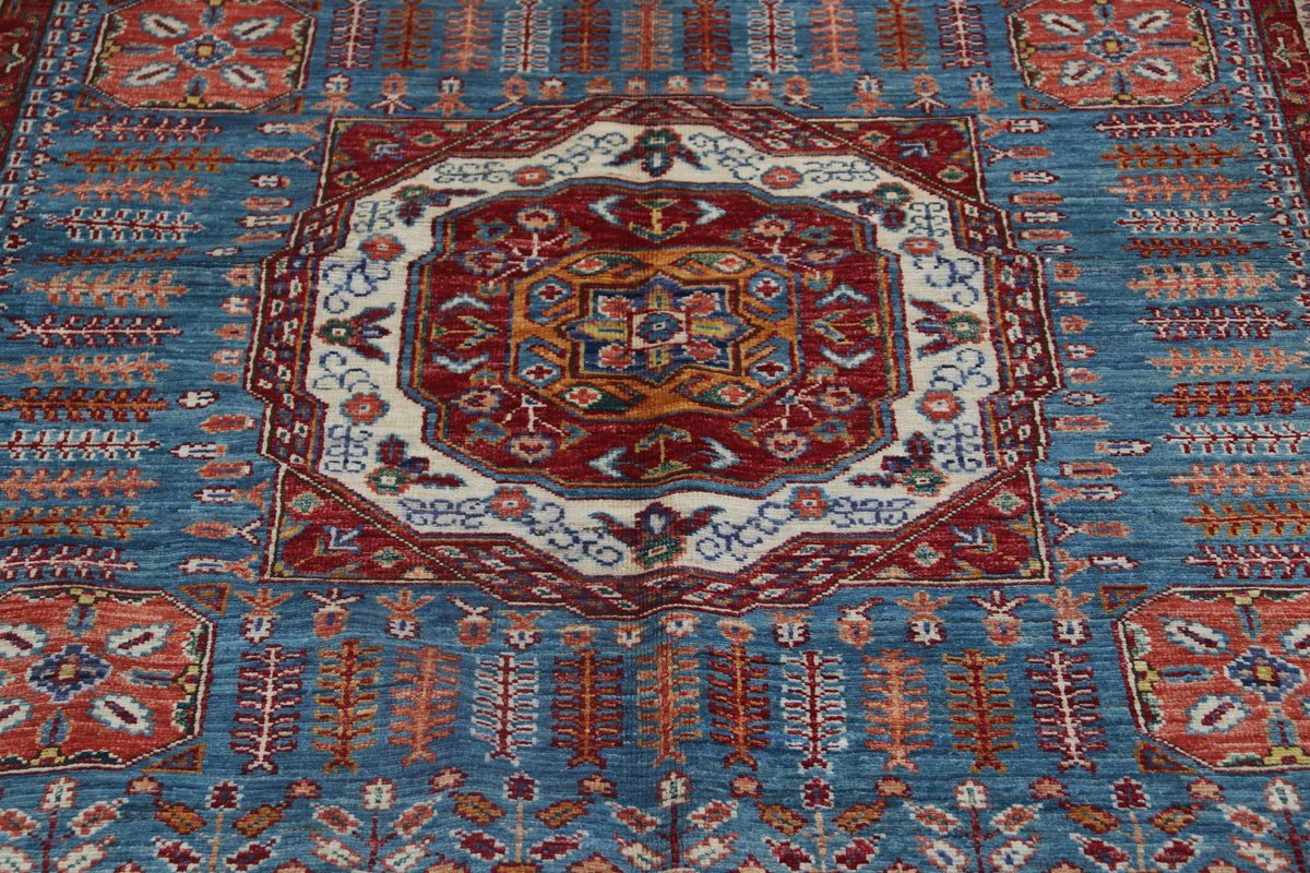5x7 Blue Super Kazak Geometric Area Rug | Handmade Wool & Cotton Rug