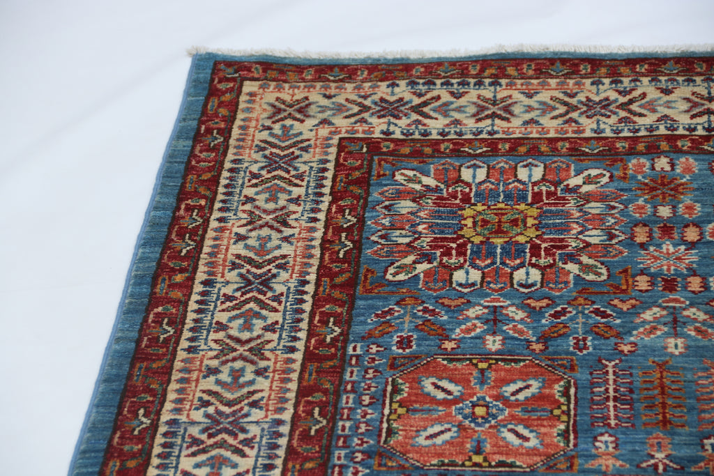 5x7 Blue Super Kazak Geometric Area Rug | Handmade Wool & Cotton Rug