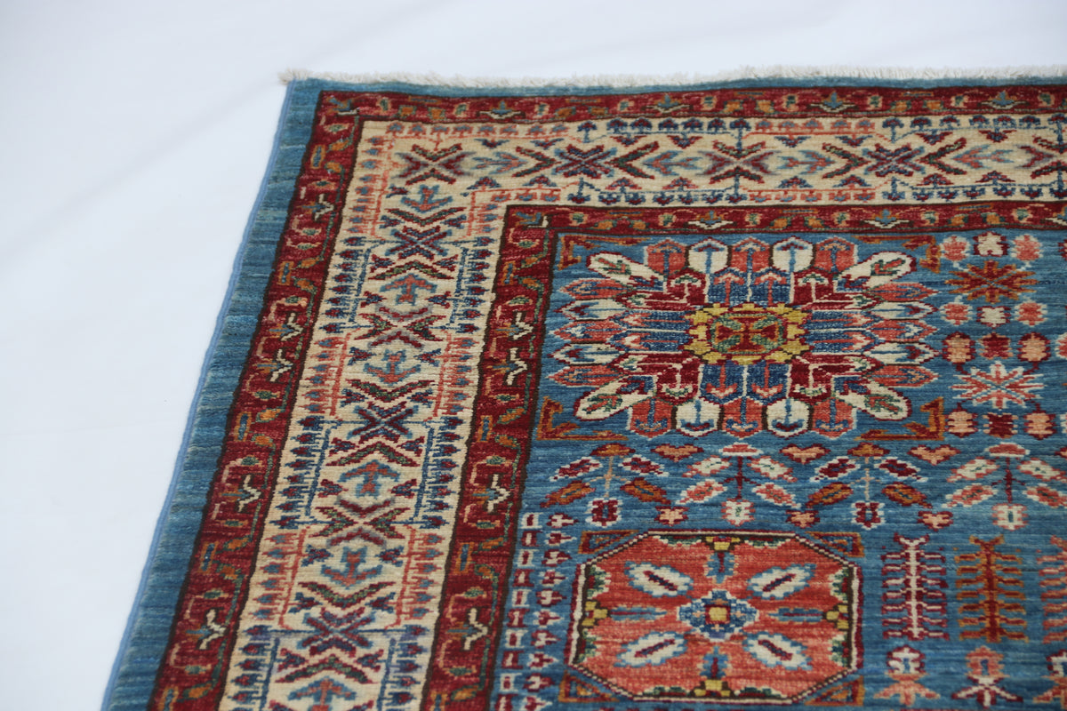 5x7 Blue Super Kazak Geometric Area Rug | Handmade Wool & Cotton Rug