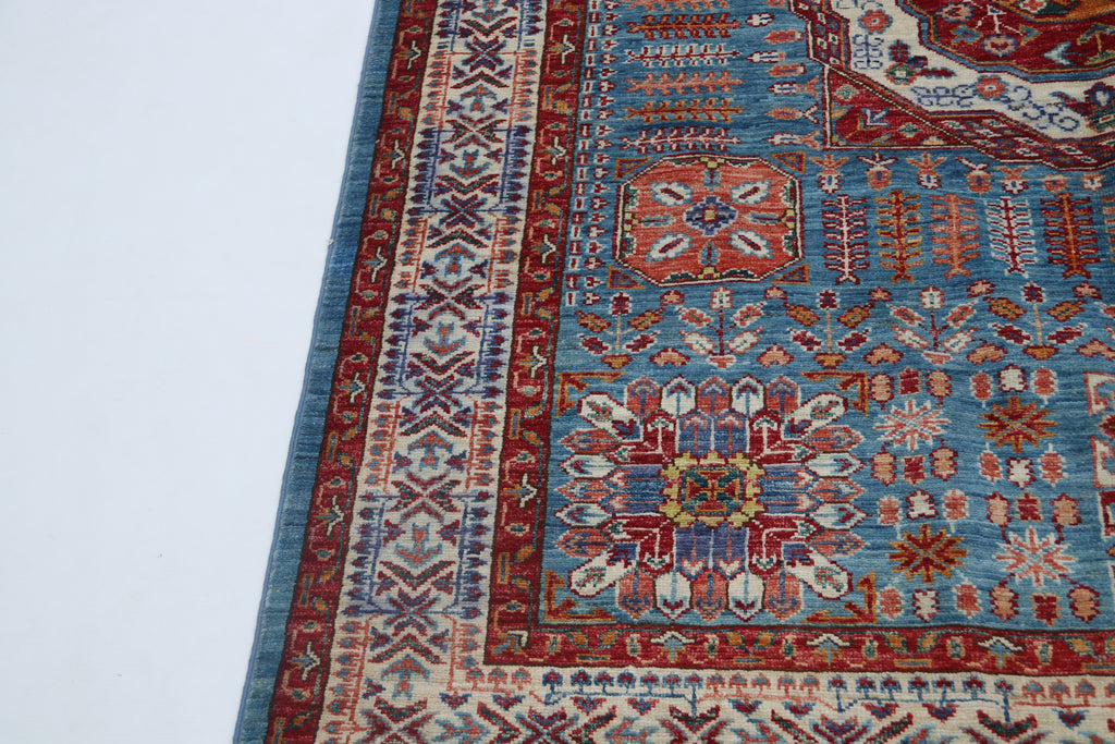 5x7 Blue Super Kazak Geometric Area Rug | Handmade Wool & Cotton Rug