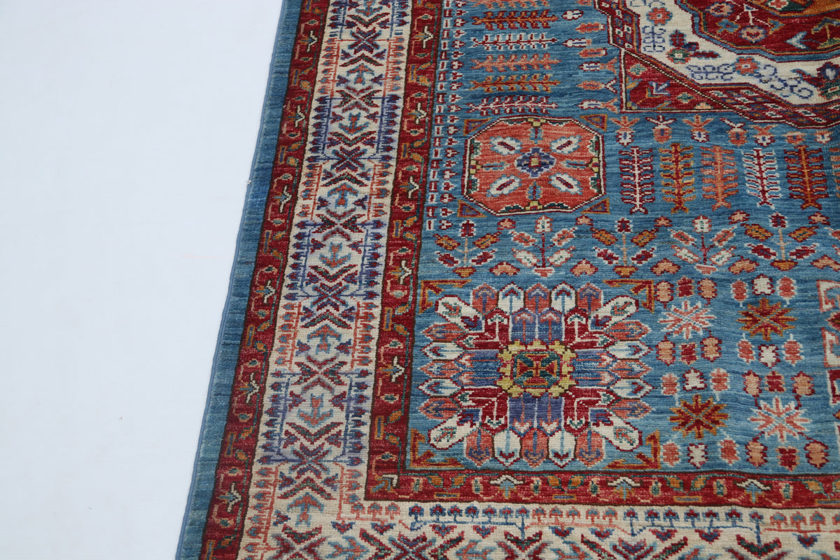 5x7 Blue Super Kazak Geometric Area Rug | Handmade Wool & Cotton Rug
