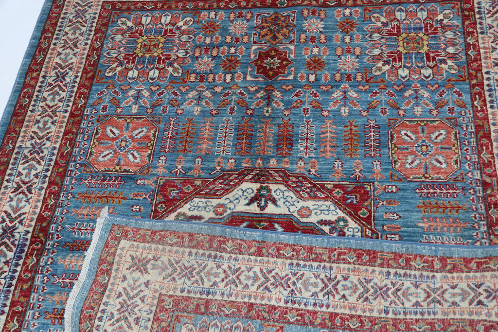5x7 Blue Super Kazak Geometric Area Rug | Handmade Wool & Cotton Rug