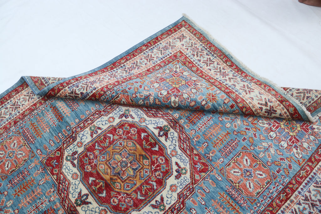 5x7 Blue Super Kazak Geometric Area Rug | Handmade Wool & Cotton Rug