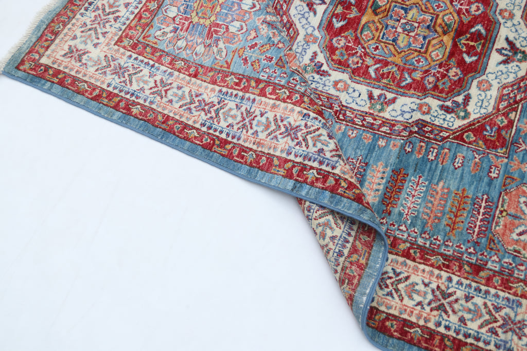 5x7 Blue Super Kazak Geometric Area Rug | Handmade Wool & Cotton Rug