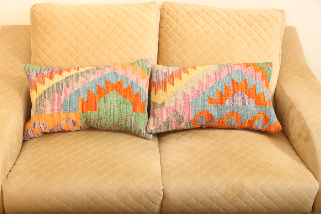 Luxury multicolor geometric wool rectangular cushion set of two for stylish sofa and bedroom décor.