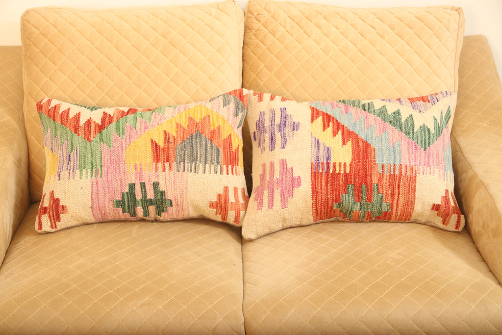 Luxury multicolor geometric wool rectangular cushion set of two for elegant sofa and bedroom décor.
