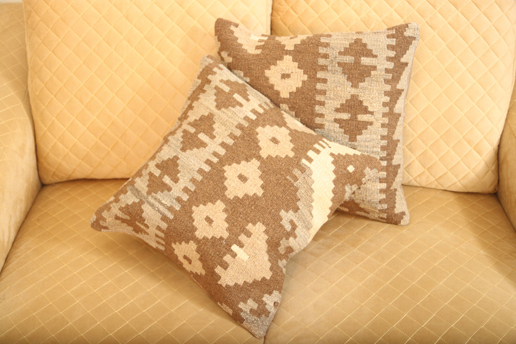 Luxury Brown & Beige Geometric Wool Cushion Set of 2 | Square Cushions