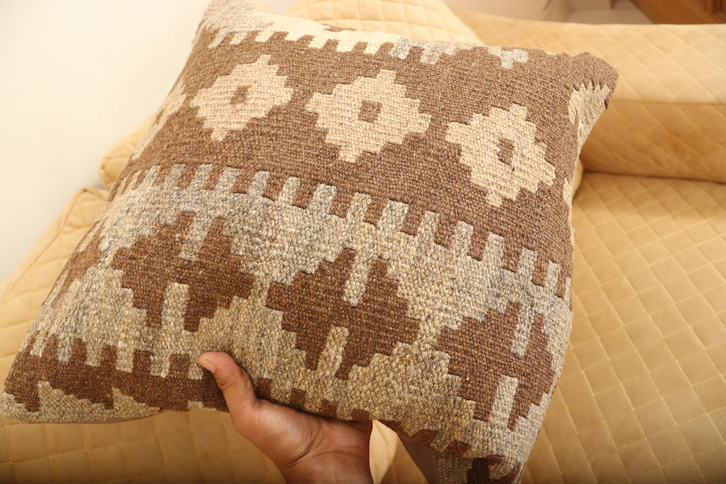 Luxury Brown & Beige Geometric Wool Cushion Set of 2 | Square Cushions