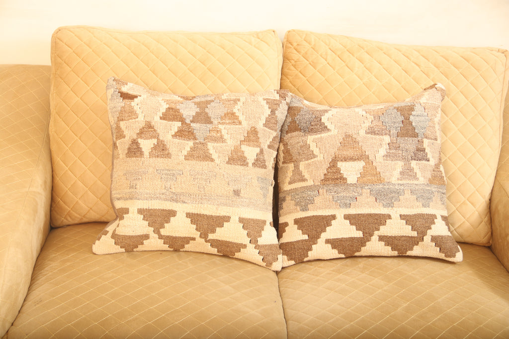 Luxury Beige & Brown Geometric Wool Cushion Set of 2 | Square Cushions