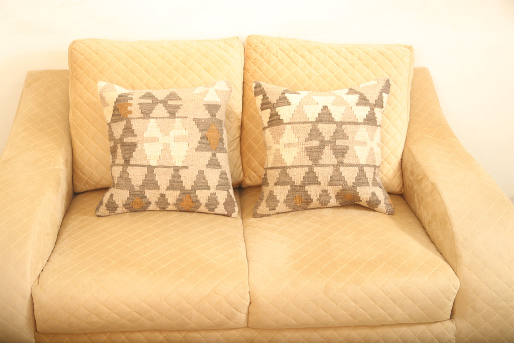 Luxury Beige & Brown Geometric Wool Cushion Set of 2 | Square Cushions